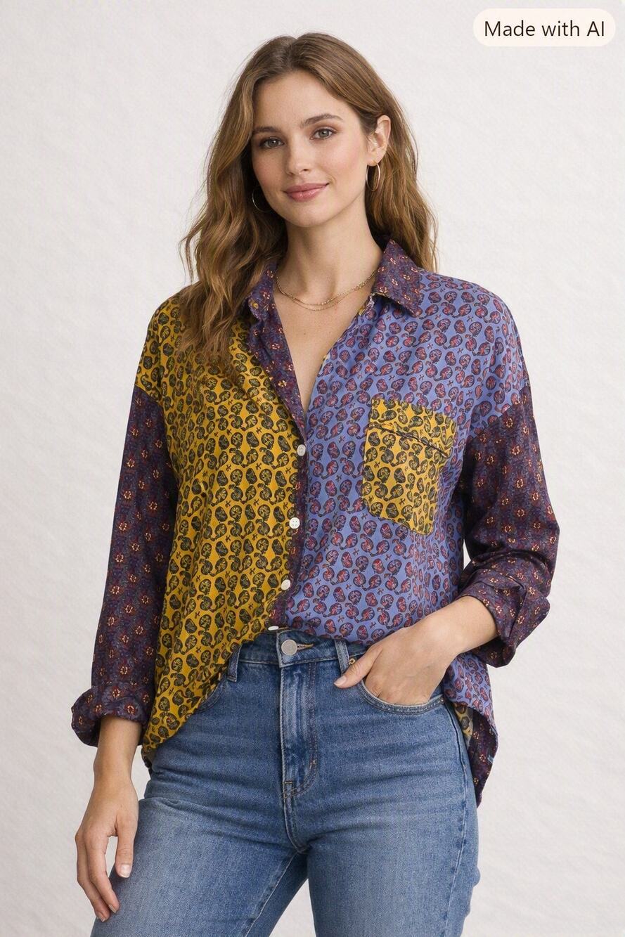 Urban Outfitters Patchwork Button‑Up Shirt – Size Small